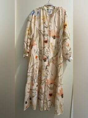 H&M Cream Floral Button-Front Long Sleeve Midi Dress with Peach & Green Accents